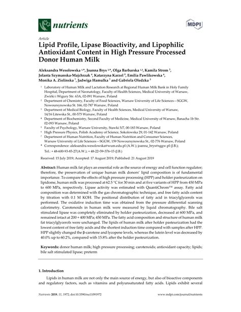 Lipid Profile, Lipase Bioactivity, and Lipophilic Antioxidant Content.